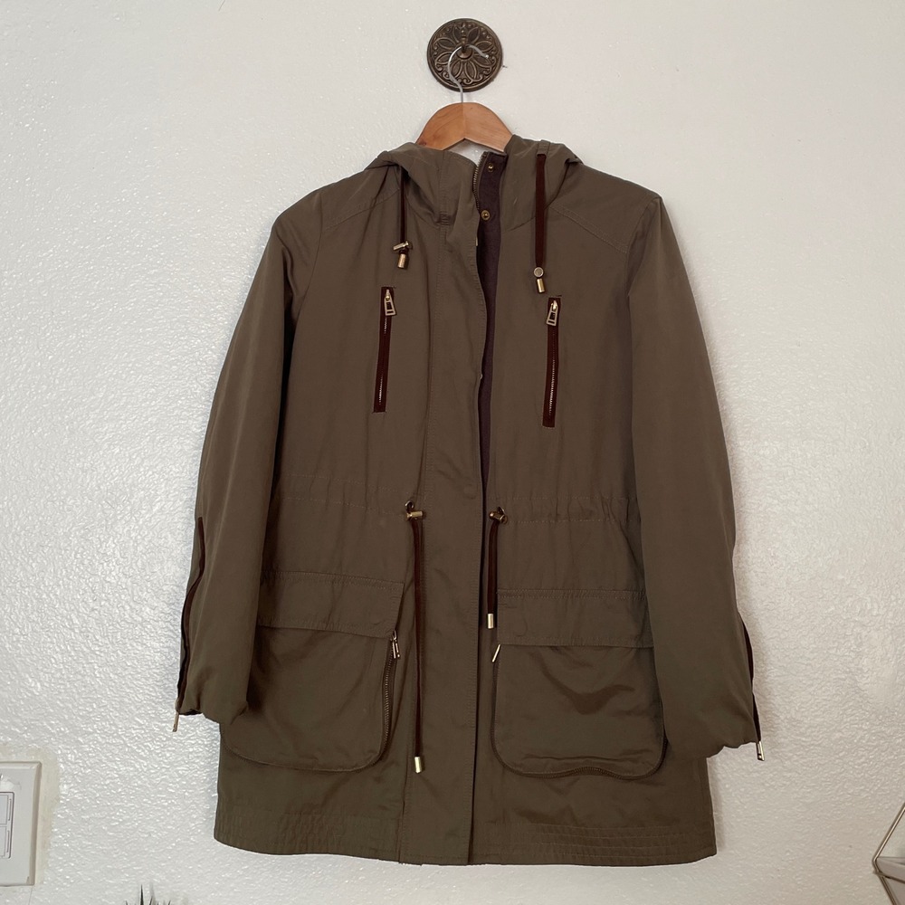 Zara Basic Olive Green Hooded Utility Parka Jacket Quilted Lining Small
